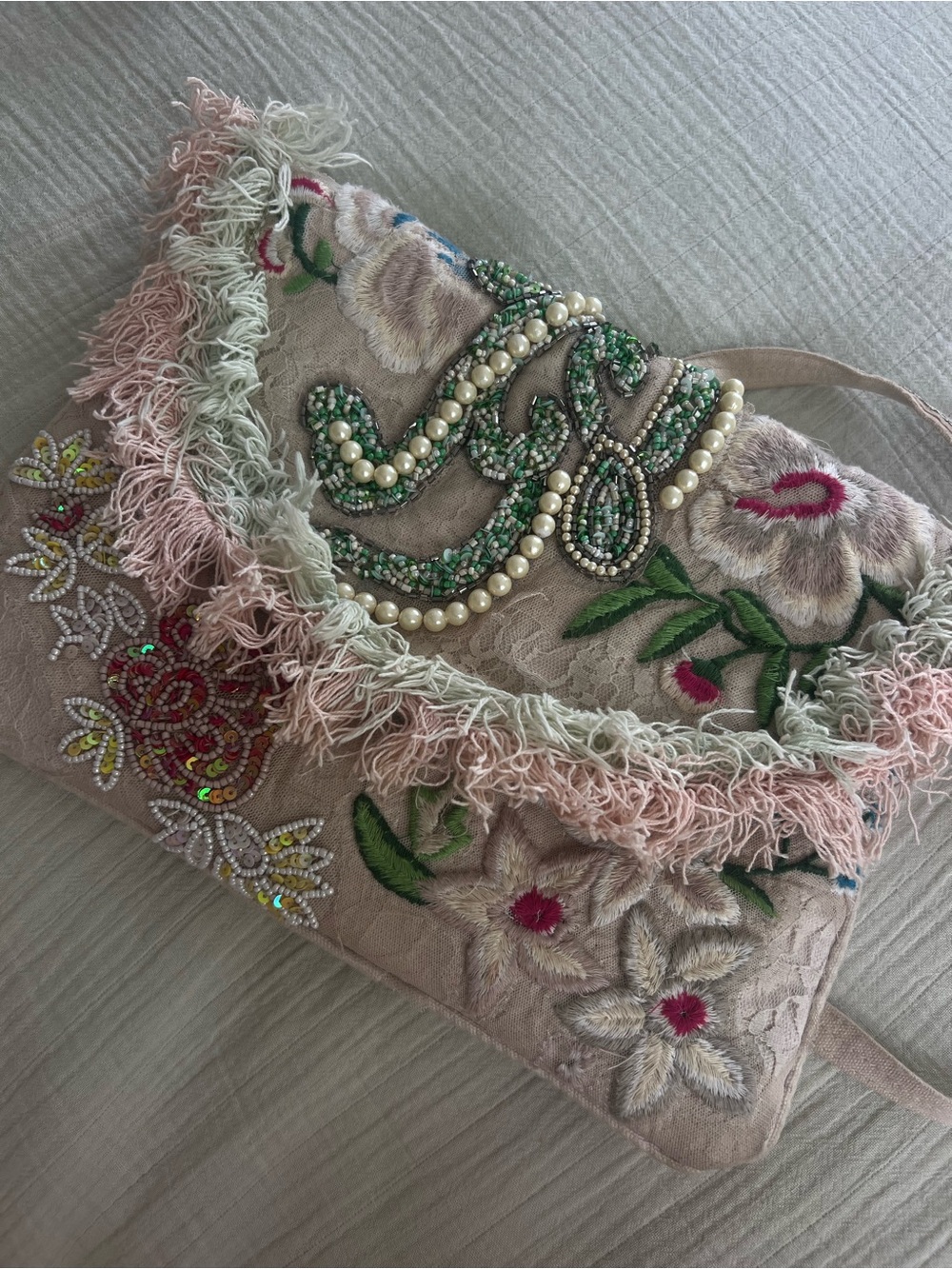 Embroidered Pink Floral Fringe Clutch with Pearl & Bead Detail